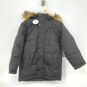 Swiss Tech Black Puffer Jacket with Faux Fur Trim